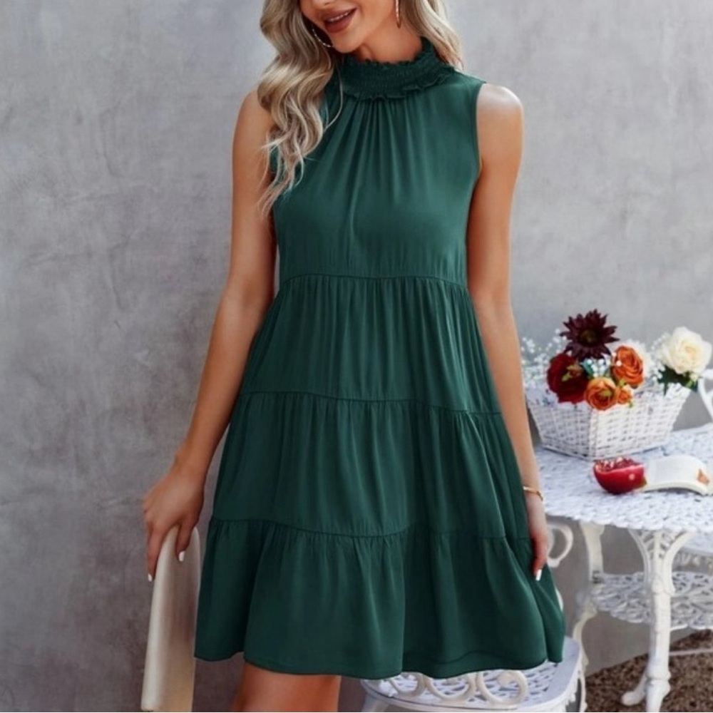 Boho Green Mock Neck Tiered Tank Dress